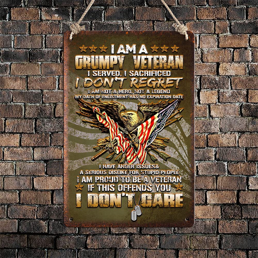 I Am A Grumpy Veteran 8x12 inch metal sign with bald eagle and American flag