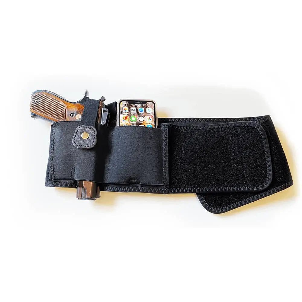 TG black elastic belly band holster for concealed carry with center pouch