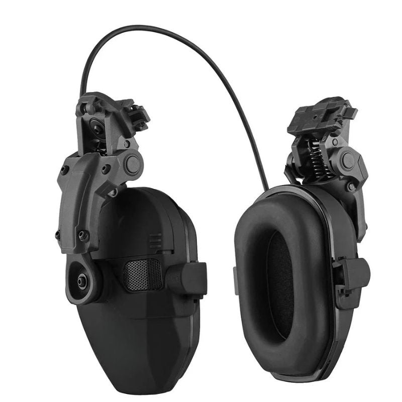TG black electronic helmet headset with rail-mount brackets for hearing protection