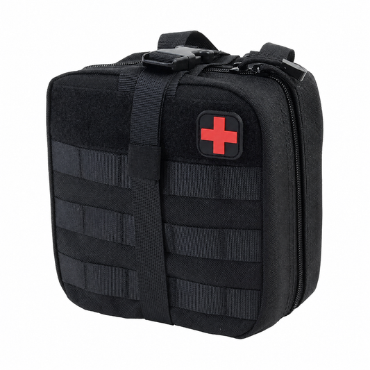 TG black tactical first aid pouch, MOLLE rip-away trifold design