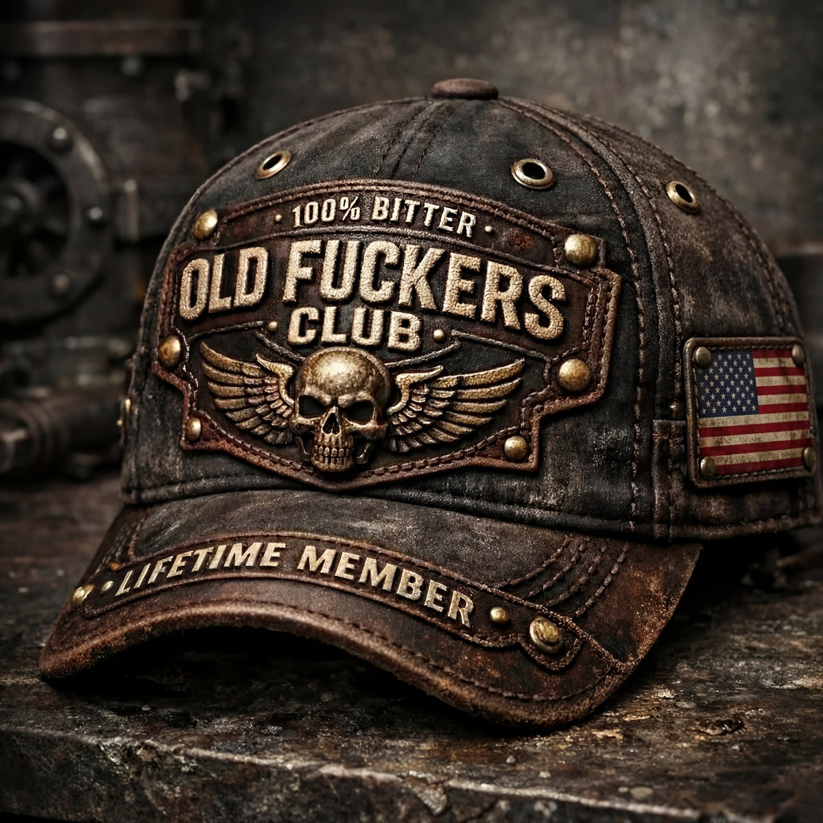 TG Old F*ckers Club vintage distressed cap with skull and wings patch