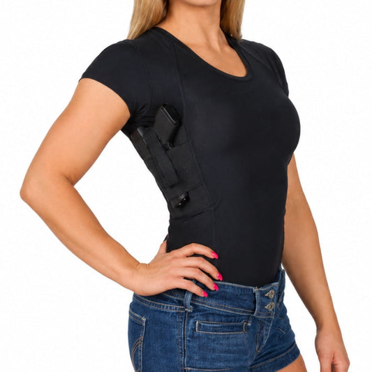 TG Ghost Grace women's black scoop neck concealed carry tee with underarm holsters