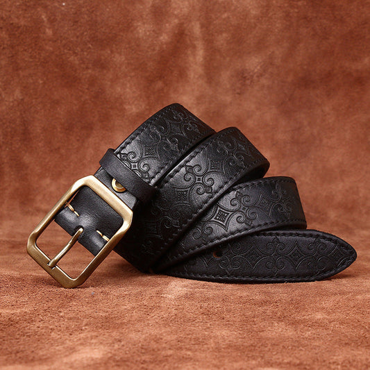 TG men's black genuine cowhide leather belt with copper pin buckle
