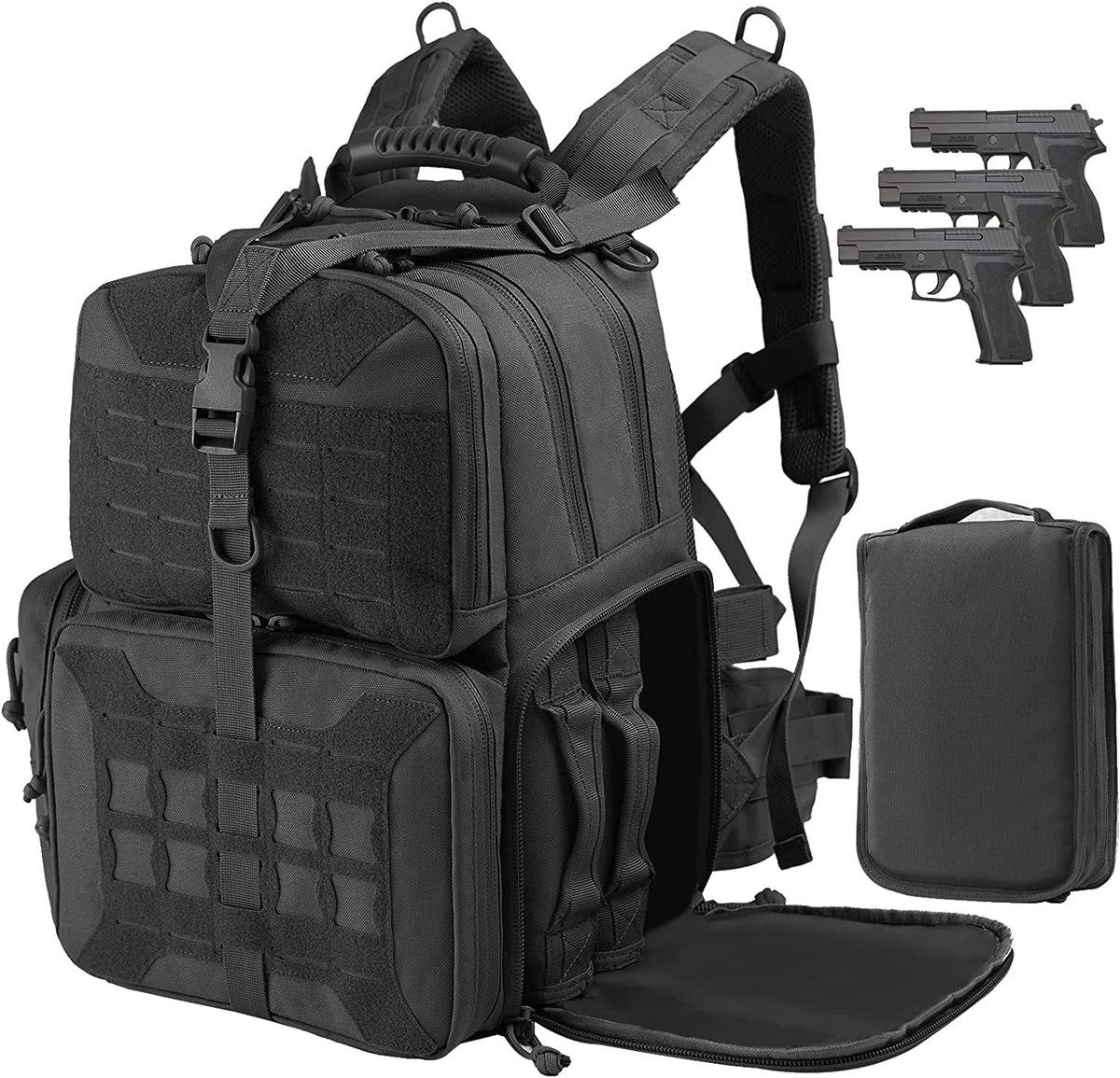 TG black tactical range backpack with three padded pistol cases
