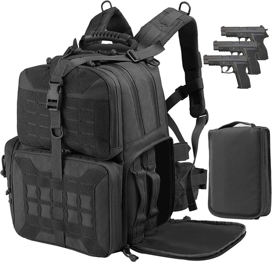 TG black tactical range backpack with three padded pistol cases