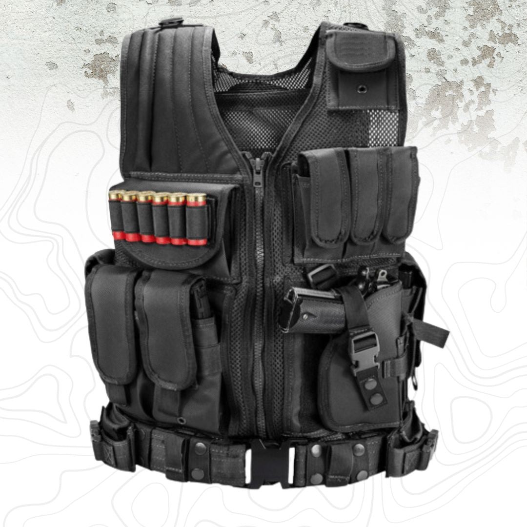 TG black tactical vest with rifle magazine pouches, handgun pouch and MOLLE webbing