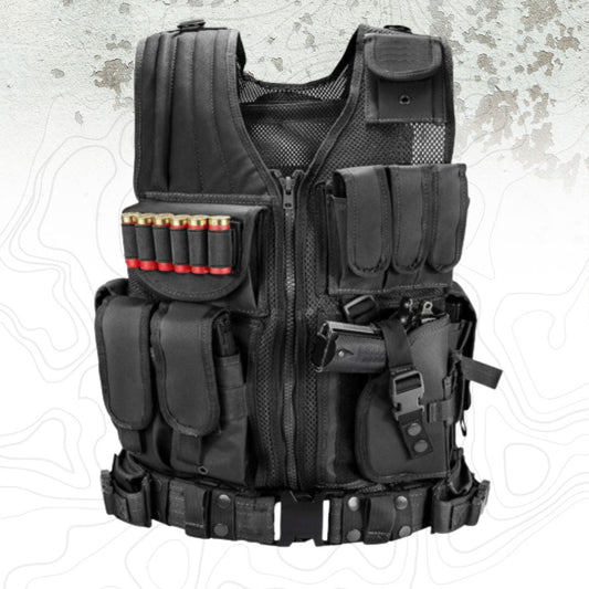 TG black tactical vest with rifle magazine pouches, handgun pouch and MOLLE webbing