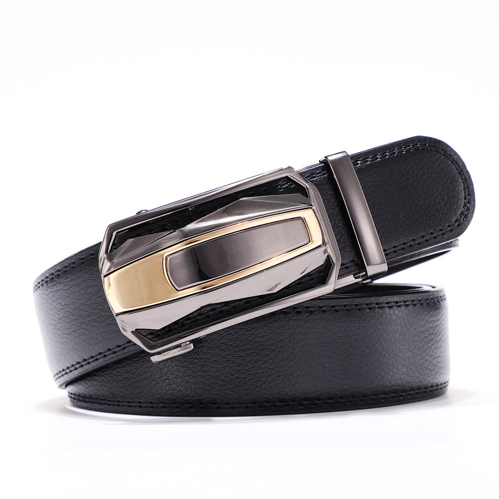 TG men's black cowhide leather belt with automatic alloy buckle