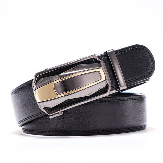 TG men's black cowhide leather belt with automatic alloy buckle