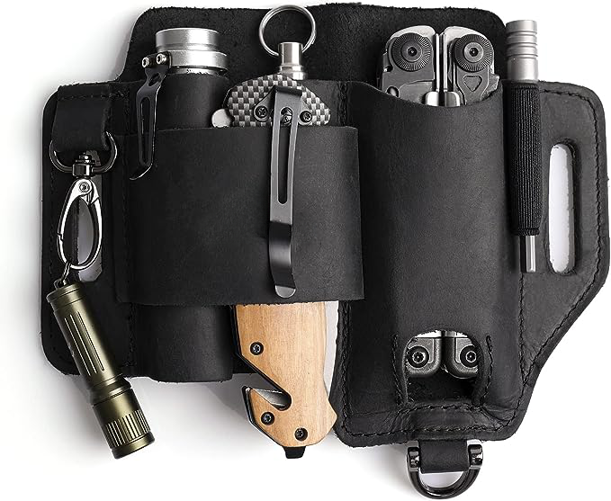 TG black leather EDC belt pouch for multitool, flashlight and pen