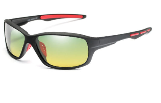TG color-changing sport sunglasses with black frame and red temples