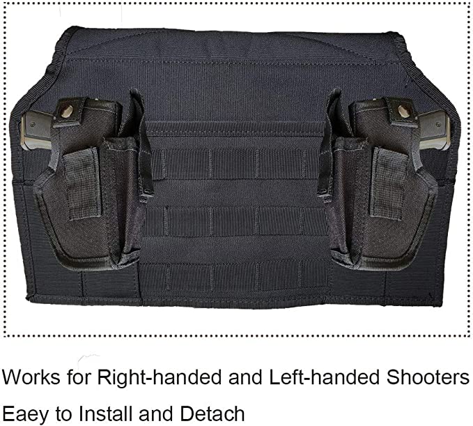 TG car seat back holster holding gear on MOLLE panel