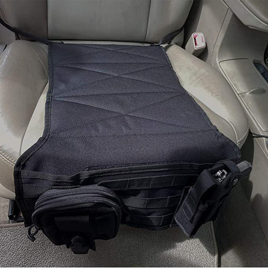 TG car seat back holster with MOLLE panel mounted on vehicle seat
