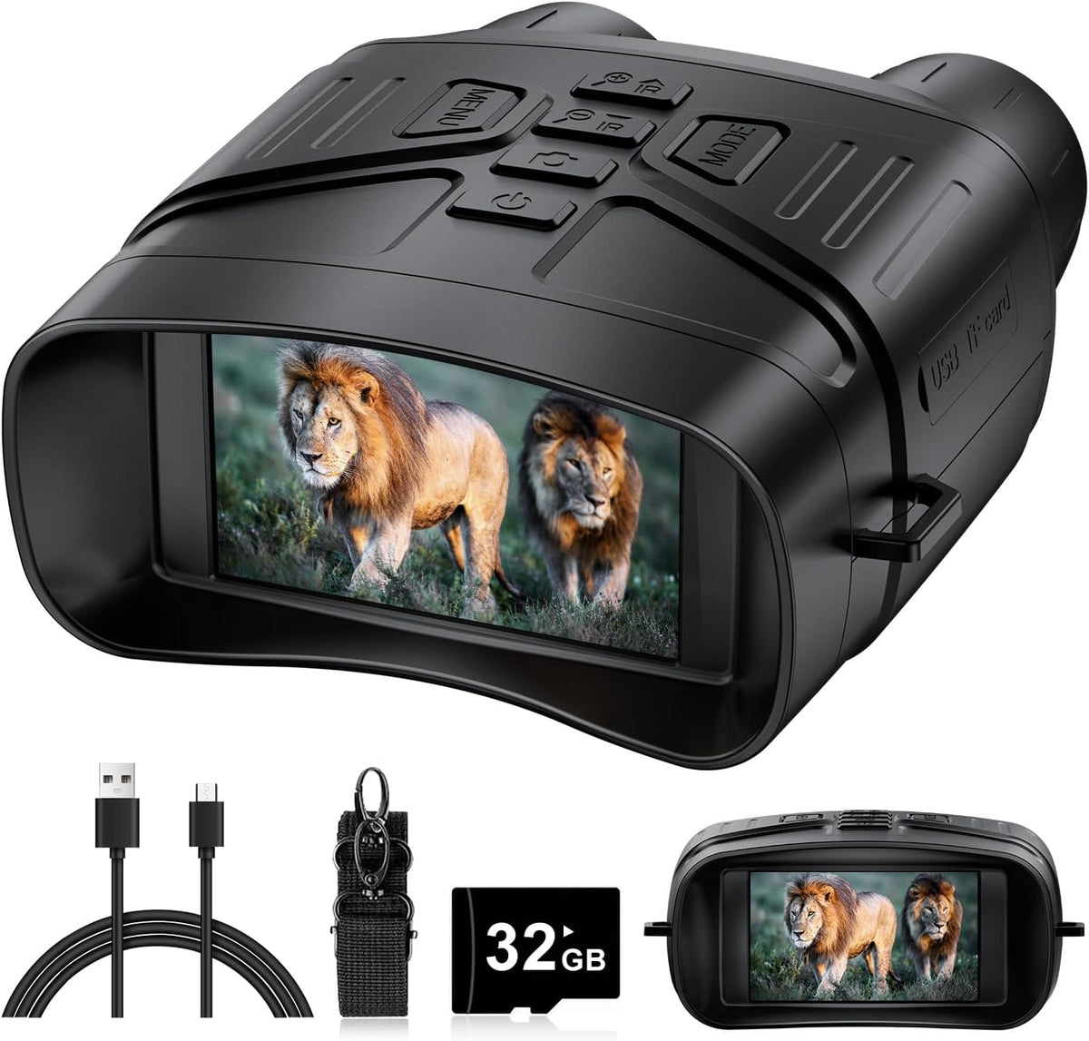 TG Pro night vision binoculars in black with IR illuminator and screen