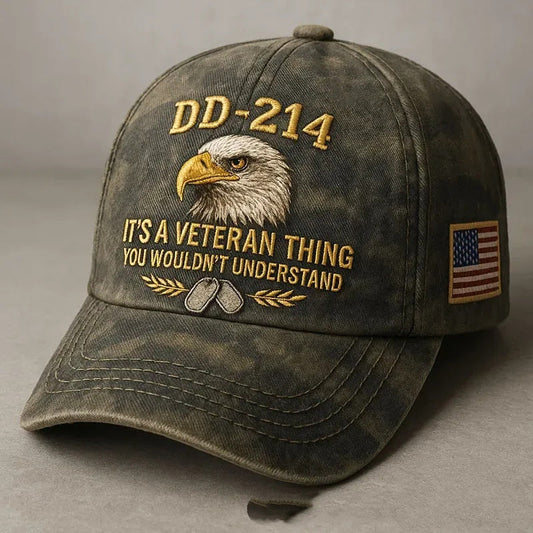DD-214 It's A Veteran Thing embroidered washed army green baseball cap with bald eagle and American flag patch