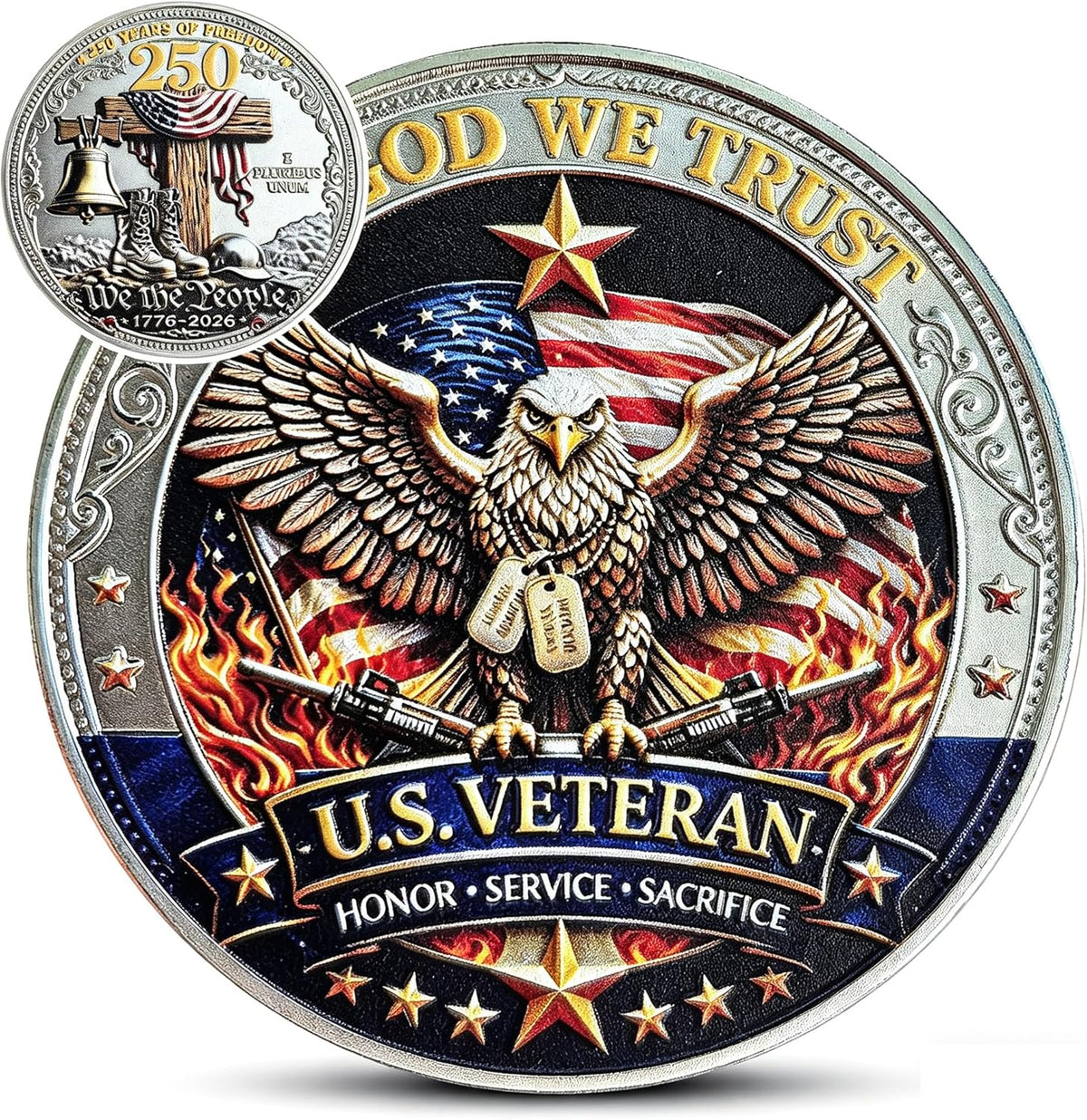 TG veteran challenge coin front with eagle, dog tags and crossed rifles