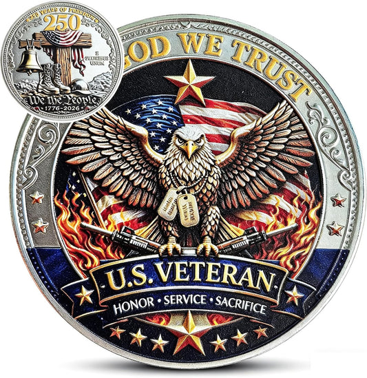 TG veteran challenge coin front with eagle, dog tags and crossed rifles