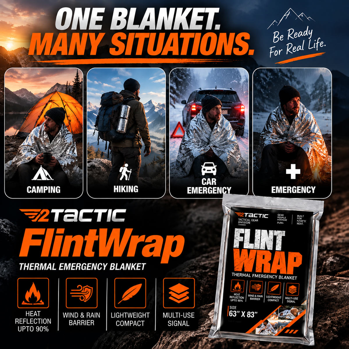 TG FlintWrap XL Emergency Blanket, 63 x 83 in Reflective Thermal Blanket