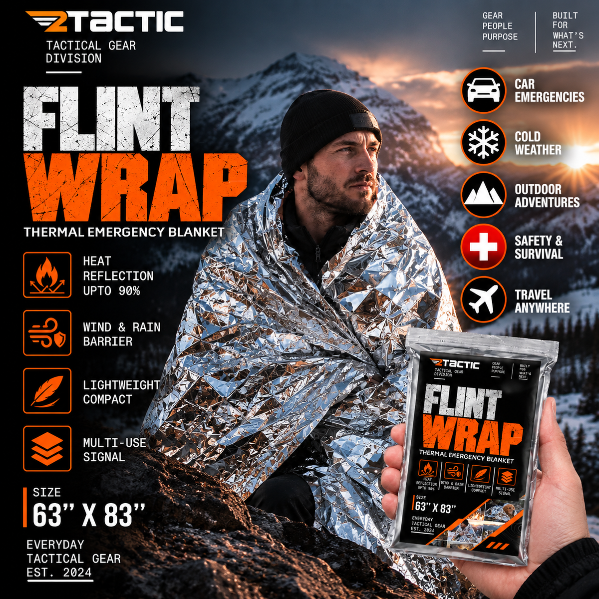 TG FlintWrap XL reflective emergency blanket, 63 x 83 in