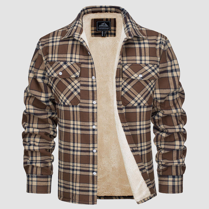 TG men's brown plaid flannel shirt jacket with sherpa fleece lining