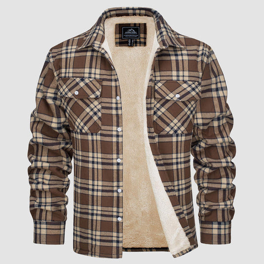 TG men's brown plaid flannel shirt jacket with sherpa fleece lining