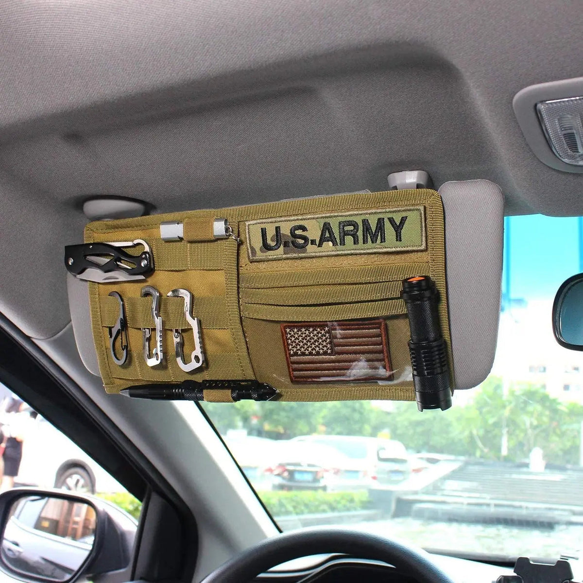 TG MOLLE sun visor panel organizer in a car