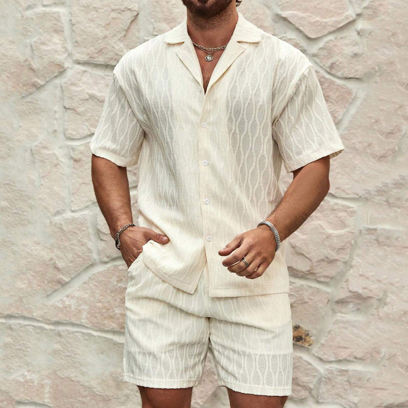 TG men's beige short-sleeve shirt and shorts two-piece summer set