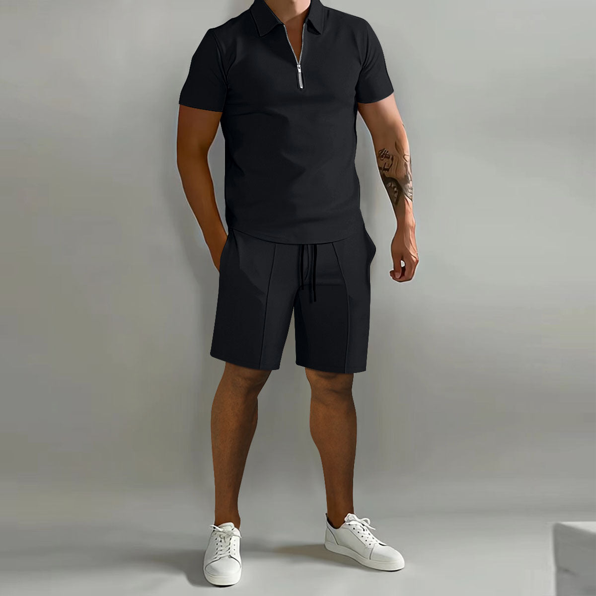 TG men's black short-sleeve polo shirt and drawstring shorts set