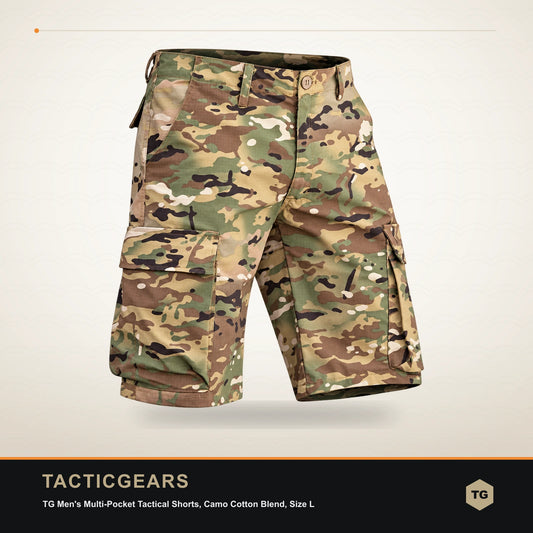 TG Men's Multi-Pocket Tactical Shorts, Camo Cotton Blend, Size L