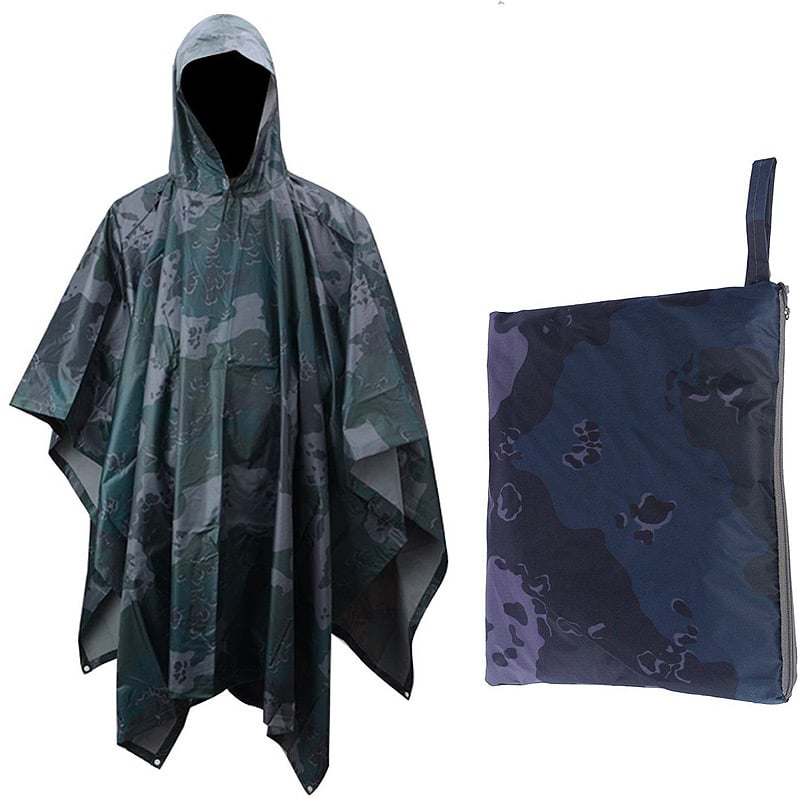 TG military style hooded rain poncho in blue camo, ripstop nylon