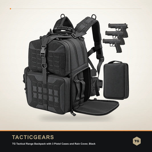 TG Tactical Range Backpack with 3 Pistol Cases and Rain Cover, Black