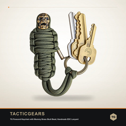 TG Paracord Keychain with Mummy Brass Skull Bead, Handmade EDC Lanyard