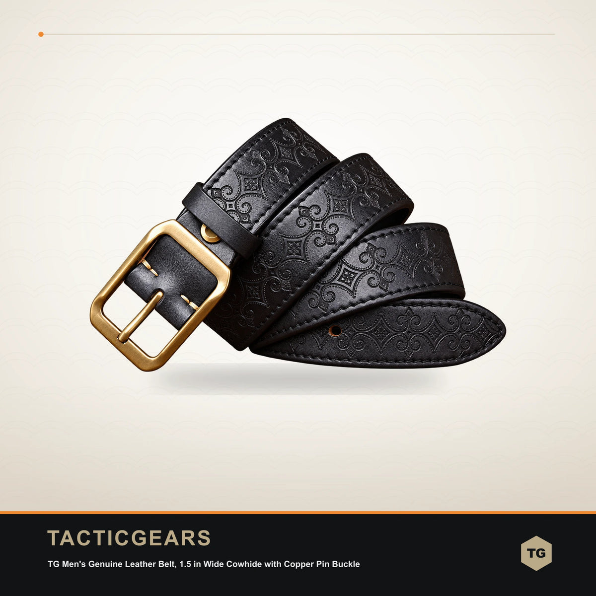 TG Men's Genuine Leather Belt, 1.5 in Wide Cowhide with Copper Pin Buckle